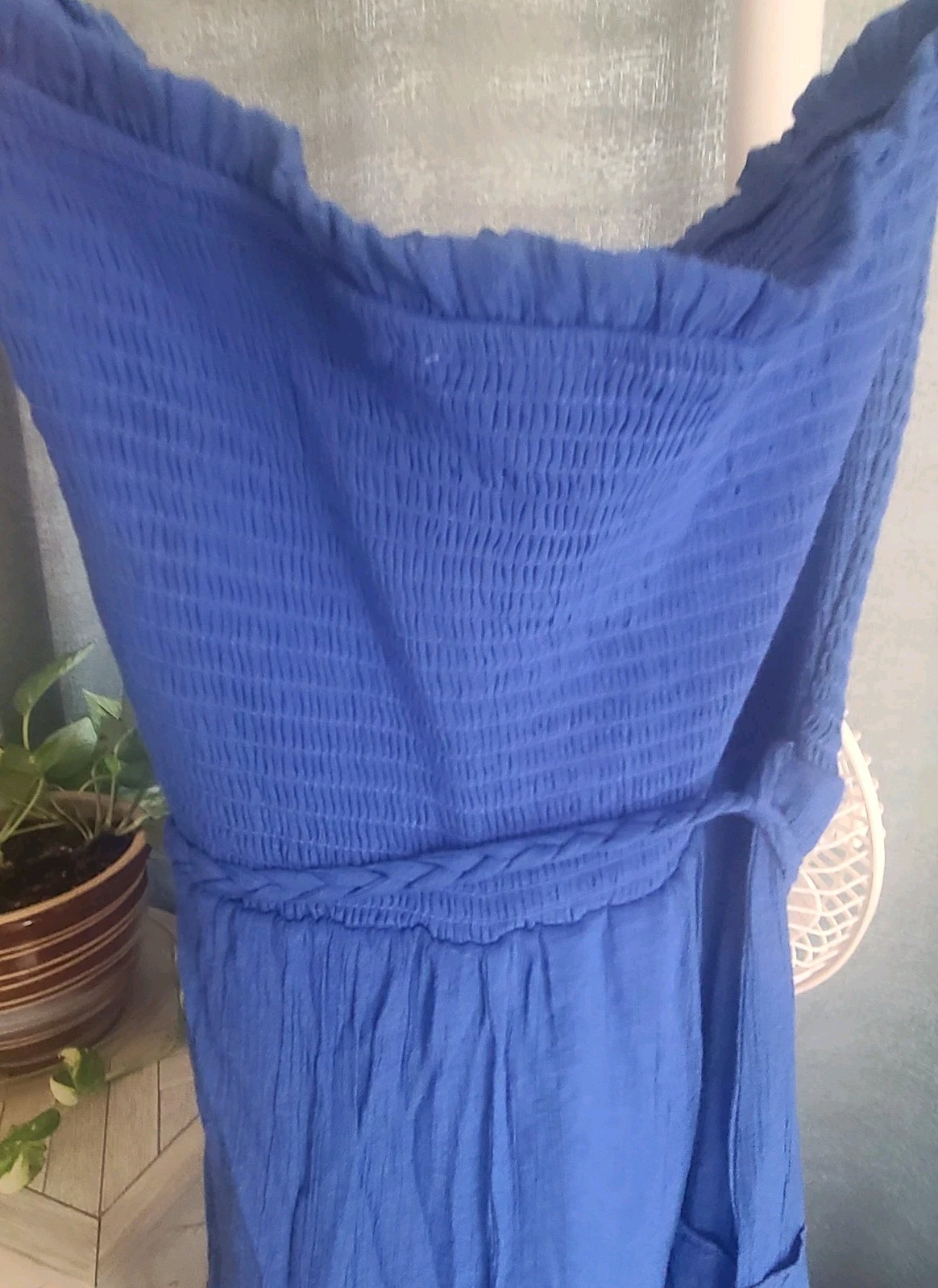 Love Tree Smocked Jumpsuit Large Royal Blue Strapless Wide Leg Gauze Tie Boho