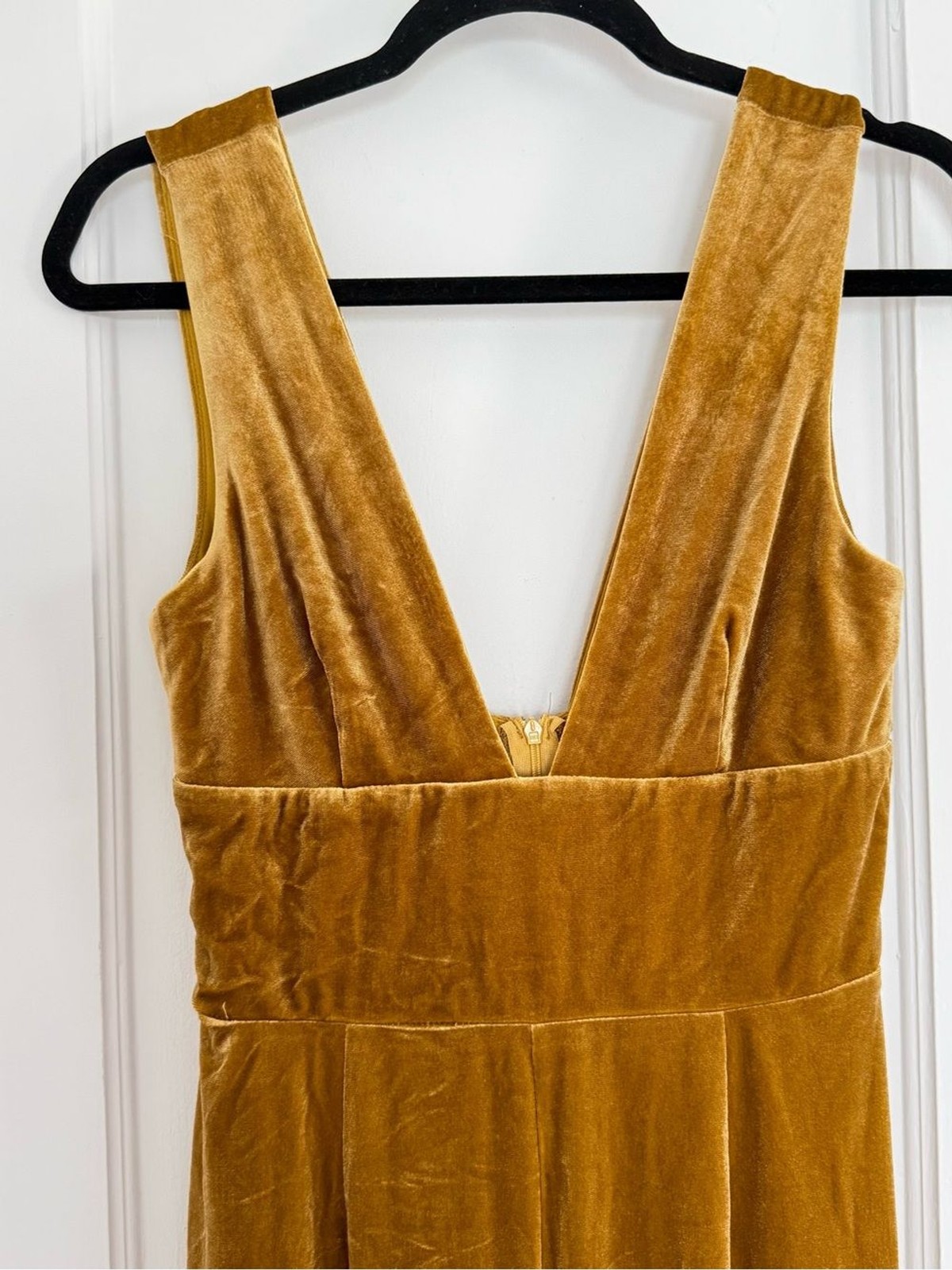 4SI3NNA Mustard Gold Velvet Wide Leg Jumpsuit Deep V Size Small