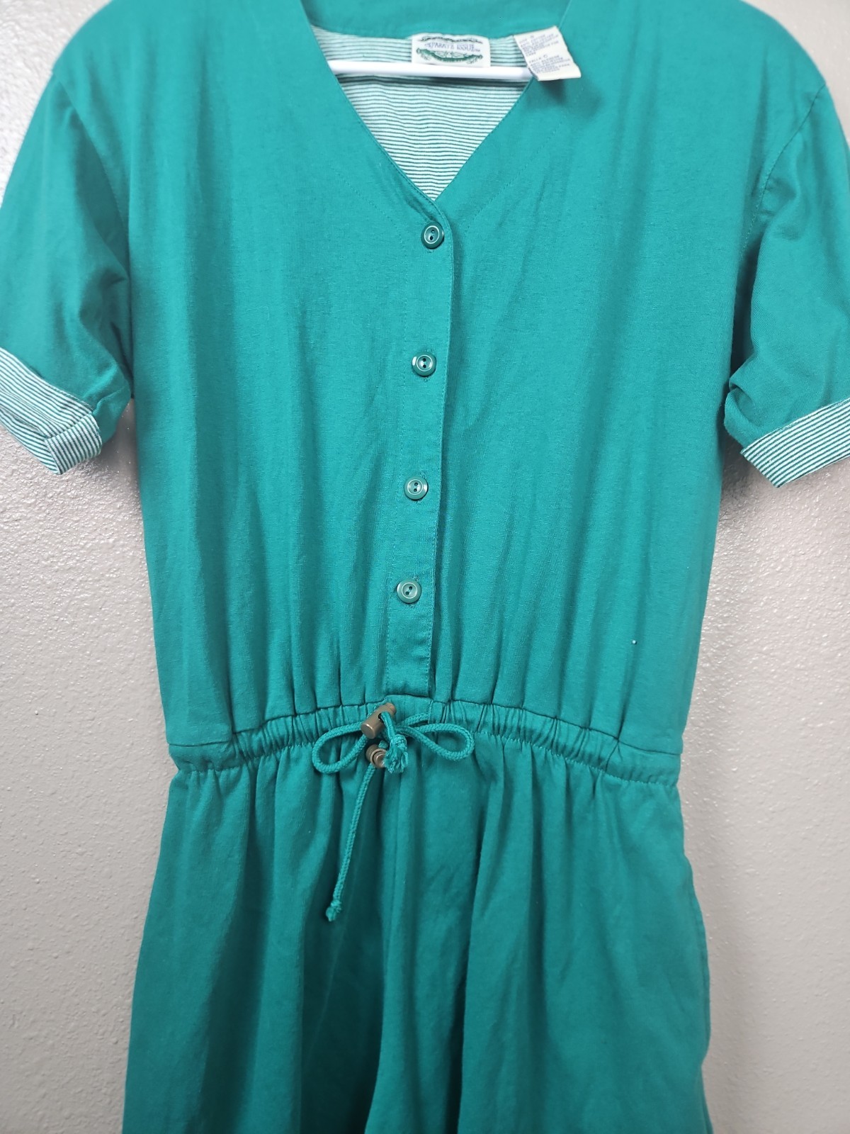 Vintage 80s Separate Issues Elastic Waist Green Romper S Short Sleeve 1pc Retro