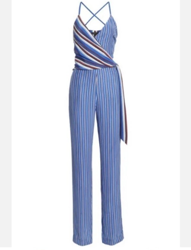 Rag & Bone Felix Striped 100% Silk Blue Jumpsuit Romper Size 00