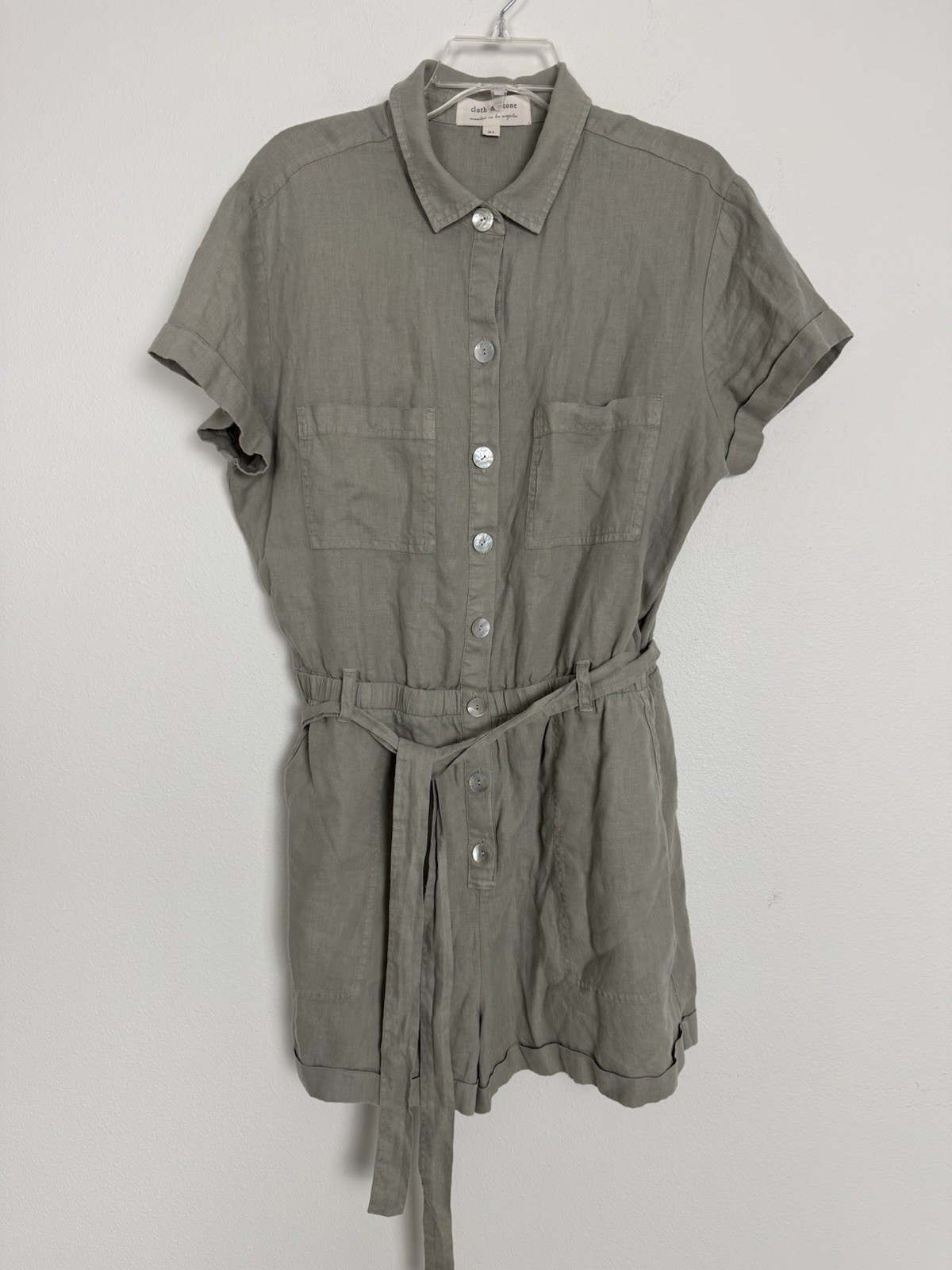 Anthropologie Cloth & Stone Linen Romper Women’s XL Tie Waist Sage Green