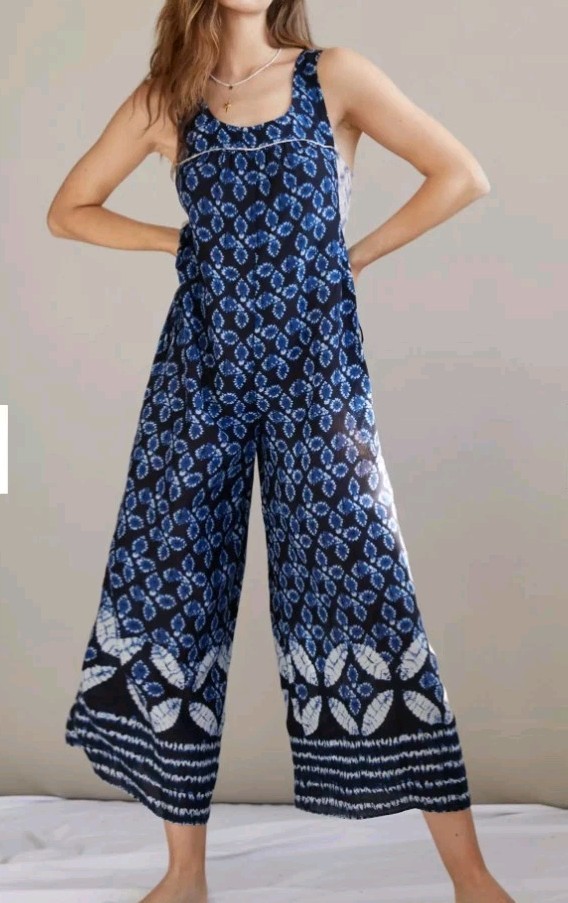 Anthropologie Bristol Wide Leg Jumpsuit Ikat Blue Sz S Flowy Boho Coastal-core
