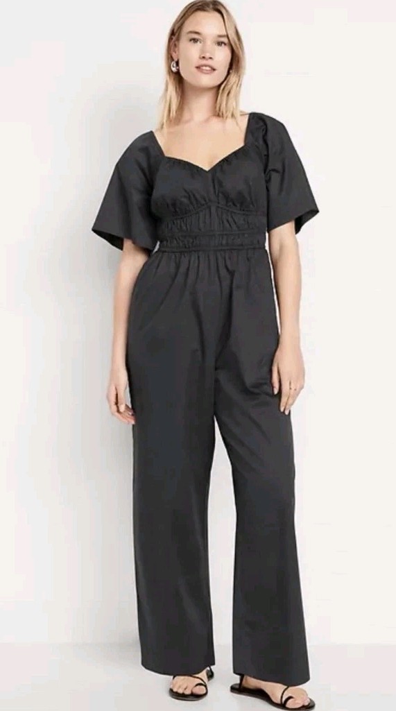 Old Navy Jumpsuit Wide Leg Black Light Wash Smocked Waist Boho Vacay Sz XL Tall