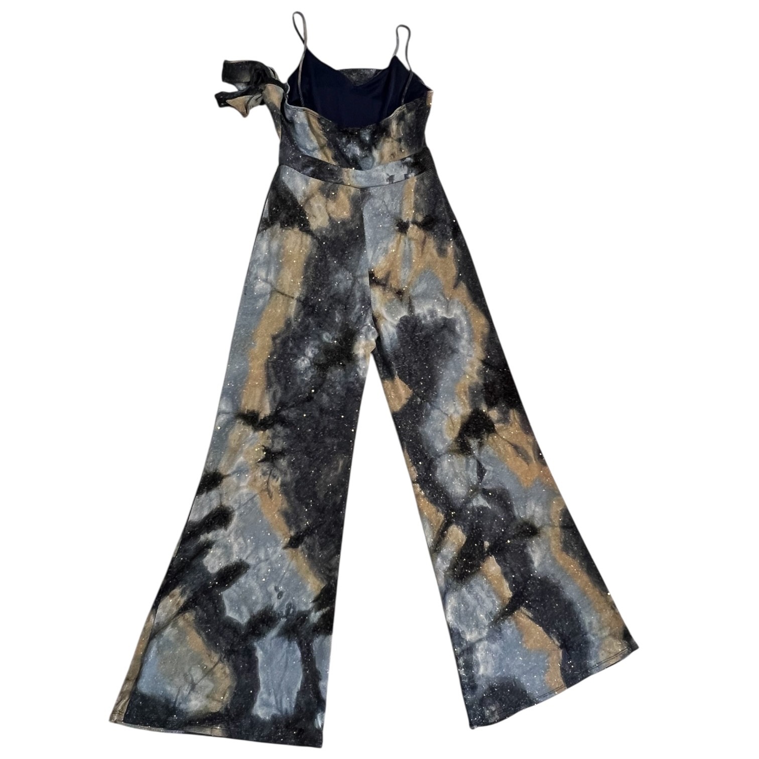 Metallic Galaxy Marble Print Wide Leg Jumpsuit L Wrap Empire Waist Y2K Boho USA