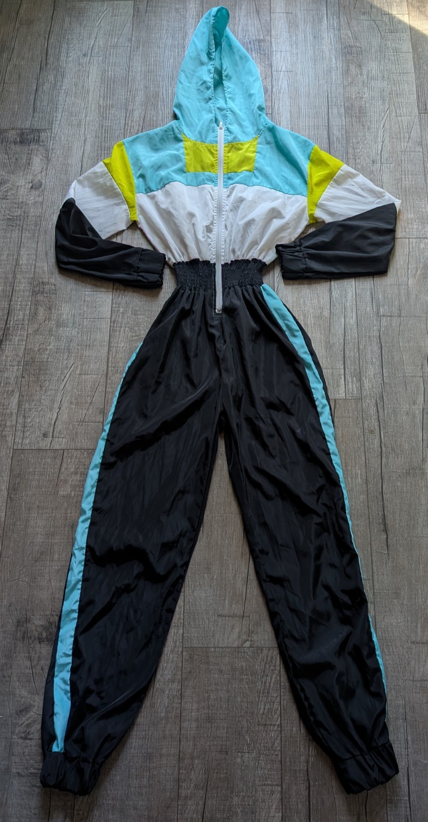 Women’s 80’s Colorblock Windbreaker Zip Up Jumpsuit Hooded Costume Black Size S
