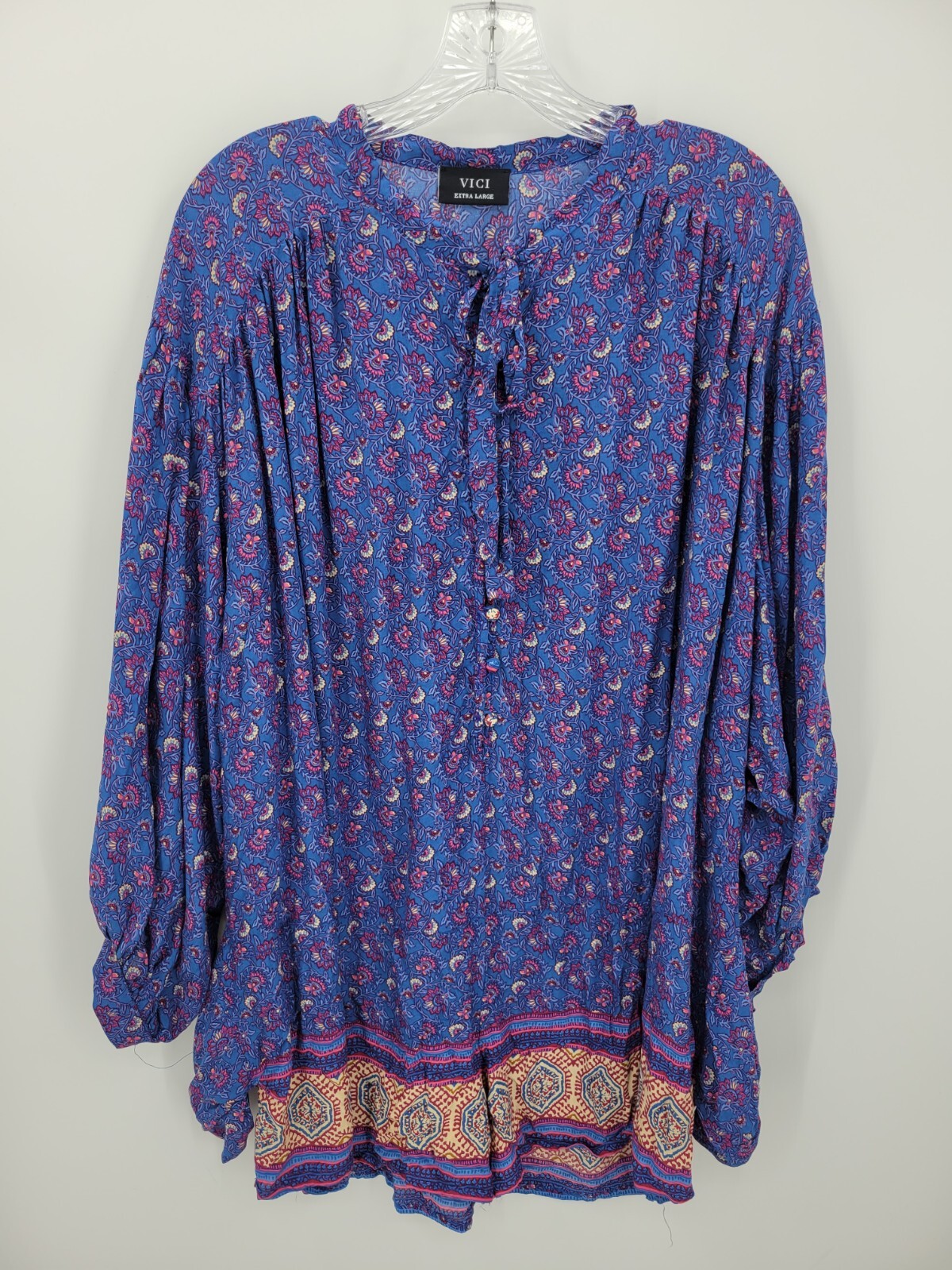 Vici Romper Womens XL Colorful Floral Balloon Sleeve Tie Neck Boho Festival