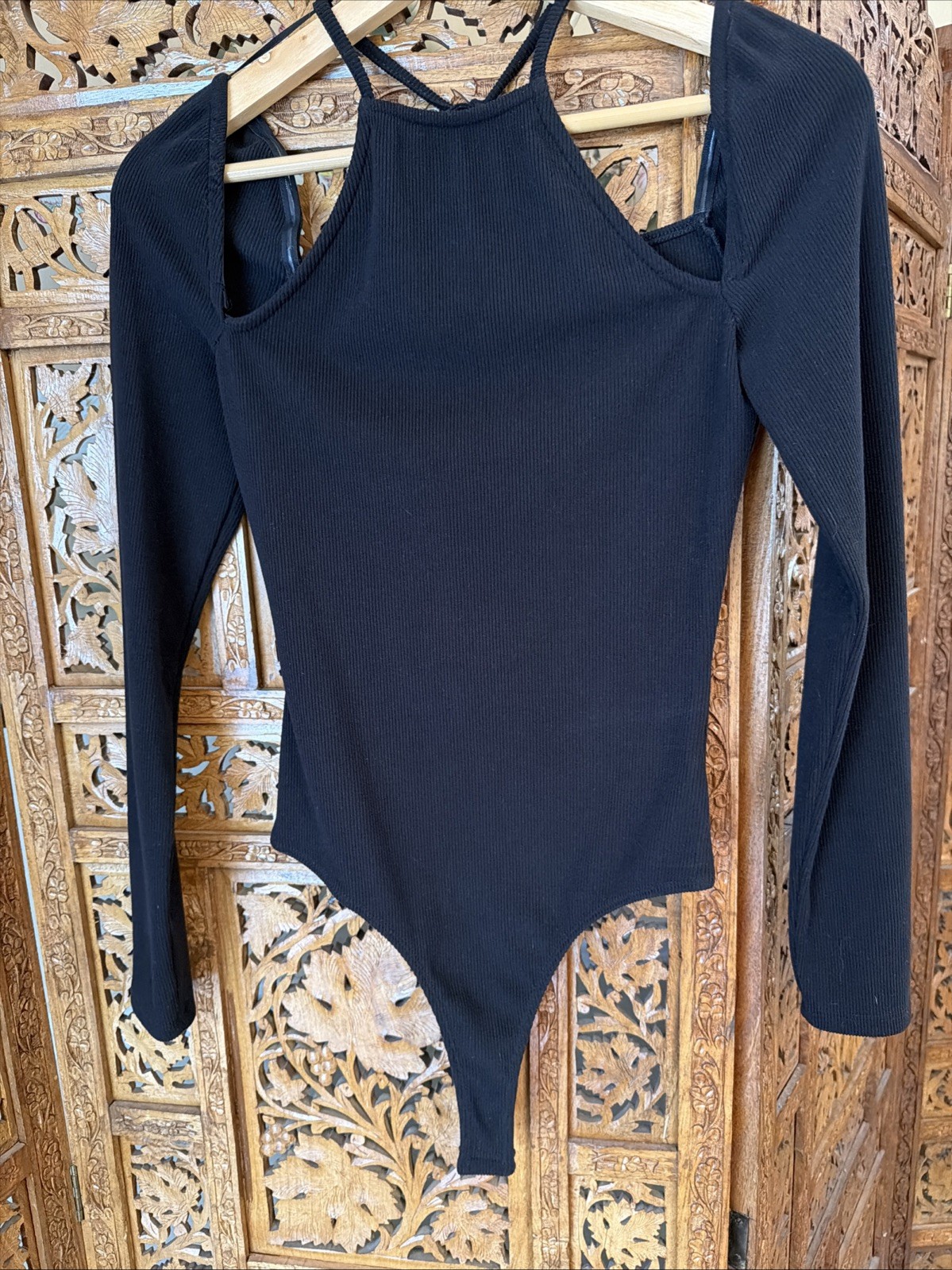 ASTR The Label Black Ribbed Halter Neck Long Sleeve Body Suit Size Small