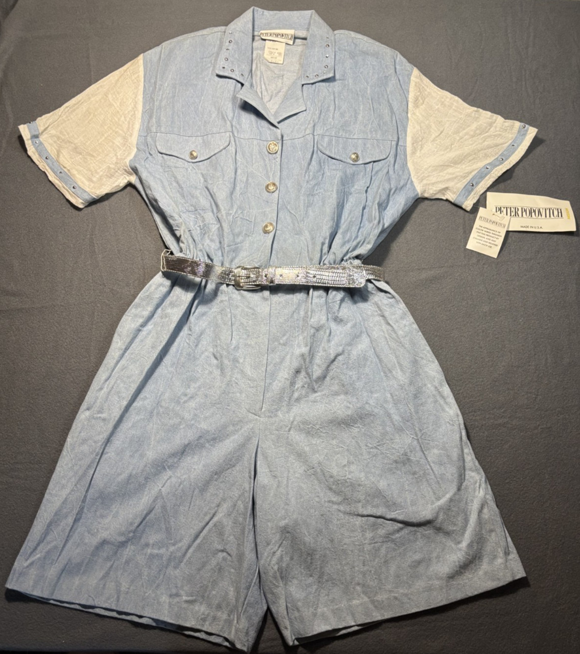 Peter Popovitch 80s Vintage Jumpsuit Large Blue Denim Jeweled Studded Romper NOS