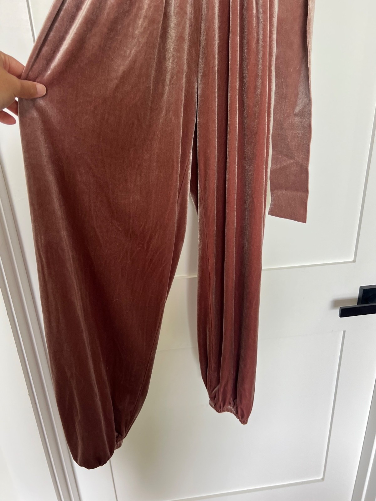 Norma Kamali Rectangle Jog Jumpsuit salmon pink stretch velvet small