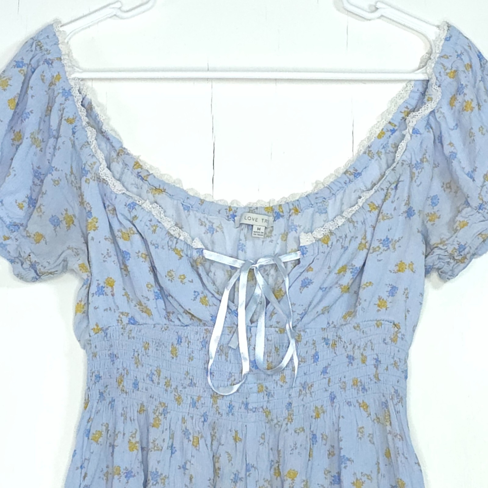 Love Tree Ditsy Floral Light Blue Off-the-Shoulder Mini Romper M