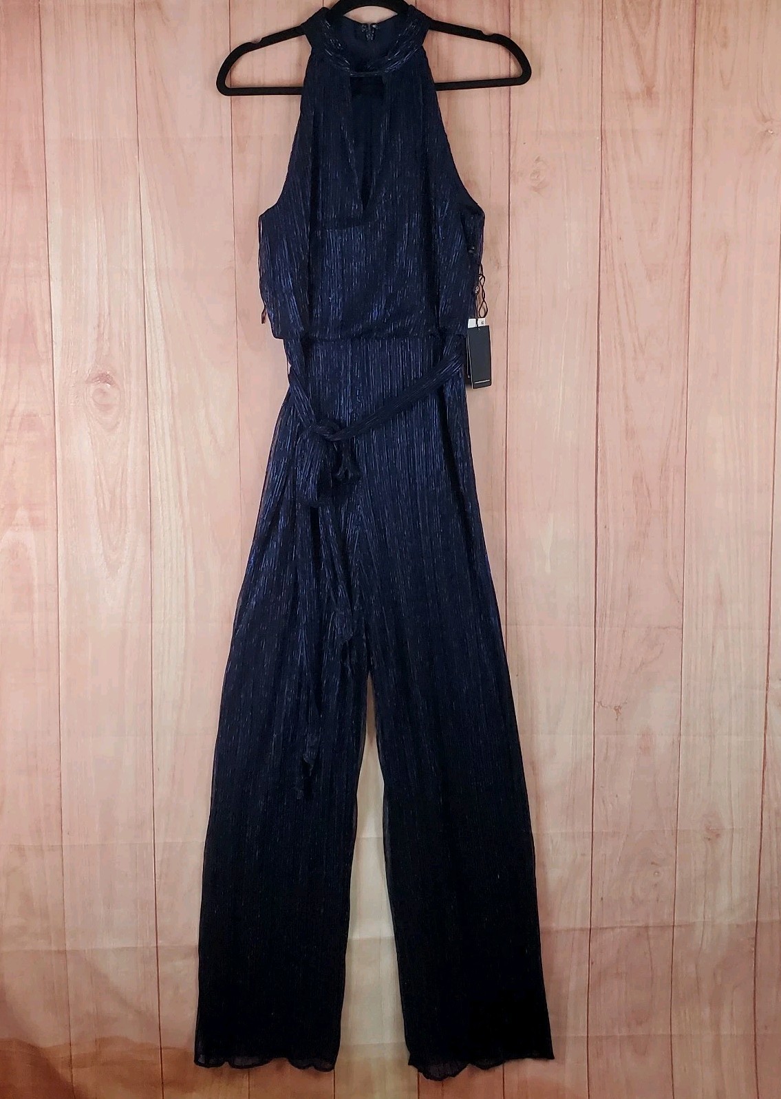 Adrianna Papell Metallic Crinkle Jumpsuit Women 4 Navy Blue Halter Neck Back Zip