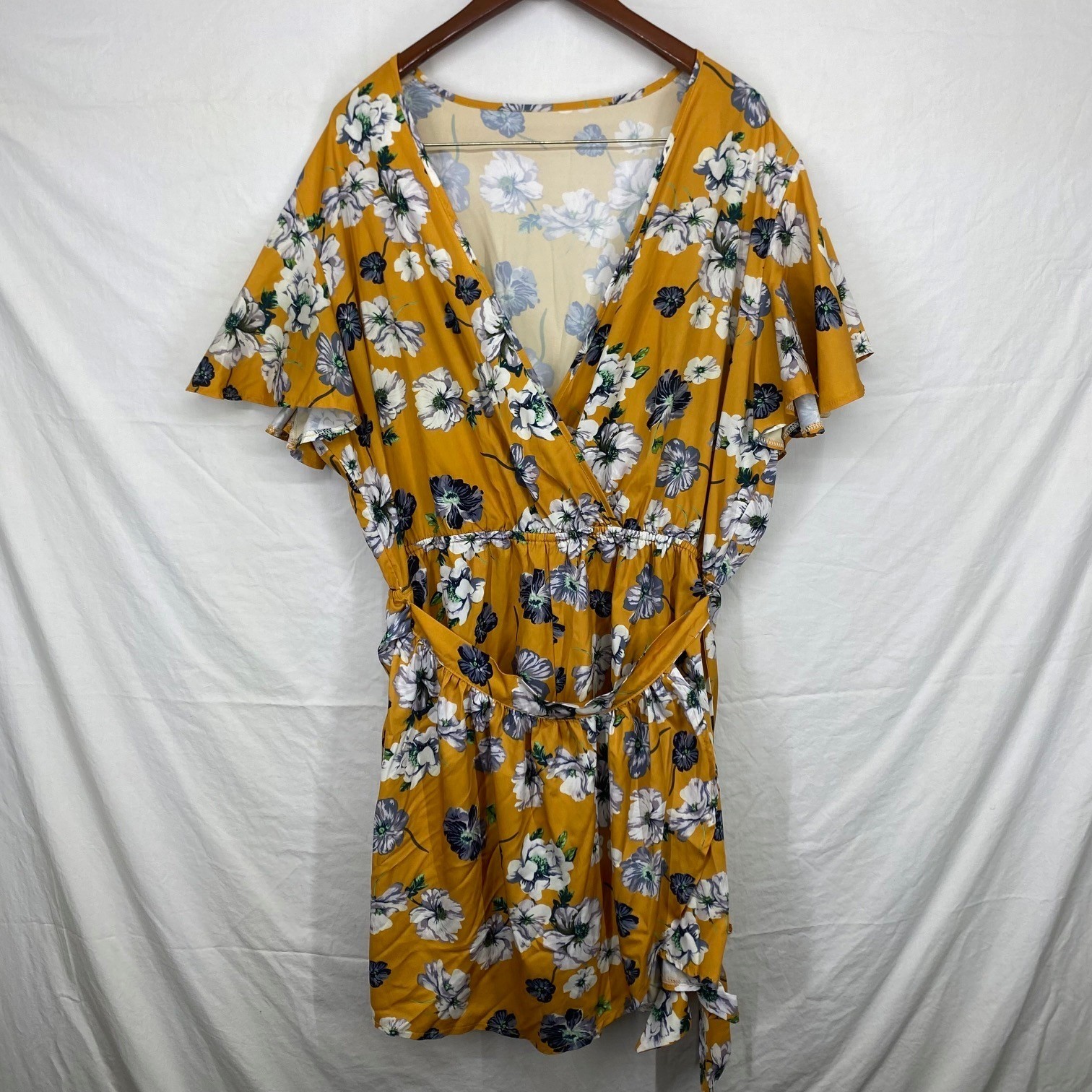 Mustard Yellow Floral Wrap Romper Plus Size 2XL V-Neck Flutter Sleeve Playsuit