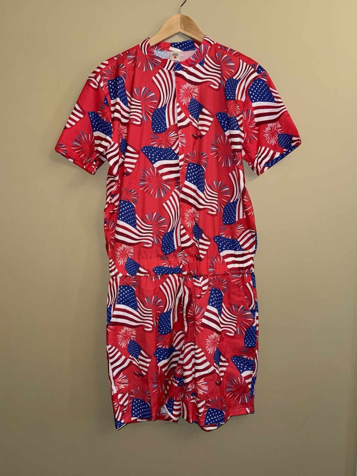 American Flag Romper Adult L Red White Blue USA Patriot Holiday Pockets Festival