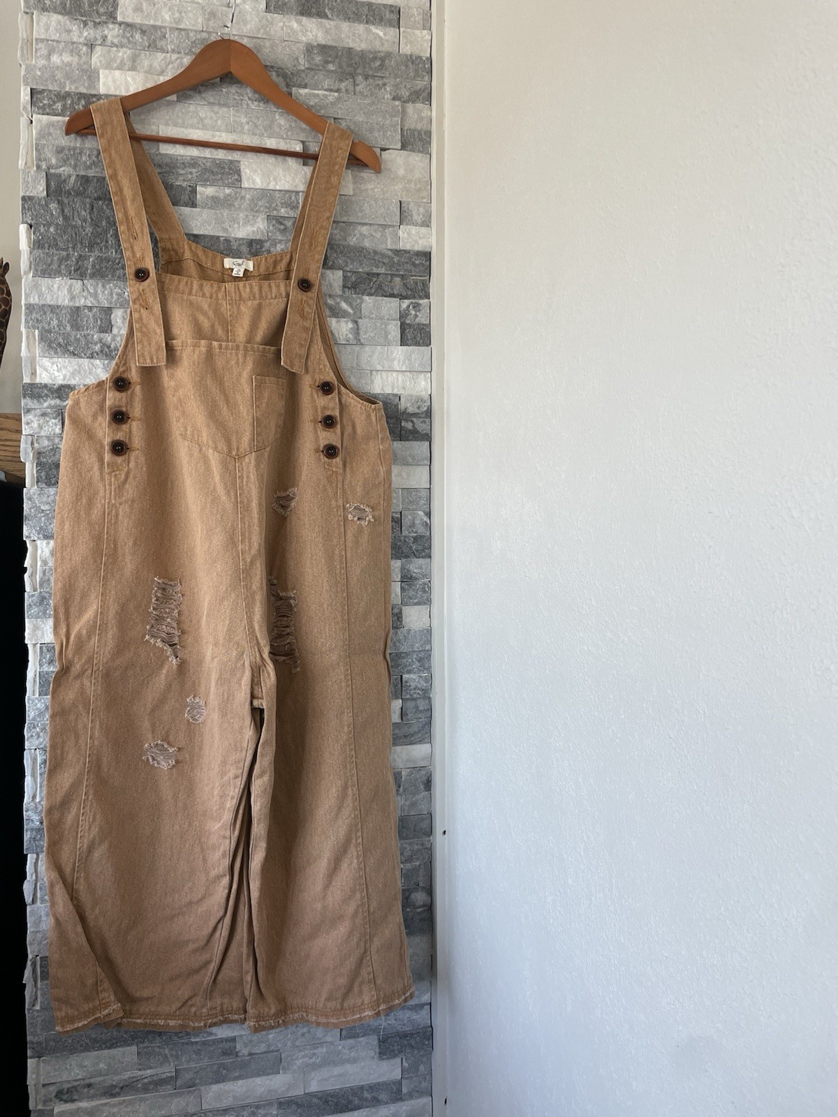 Women’s EASEL Wide Leg Distressed Cotton Overalls-Orange/Tan-Sz Medium