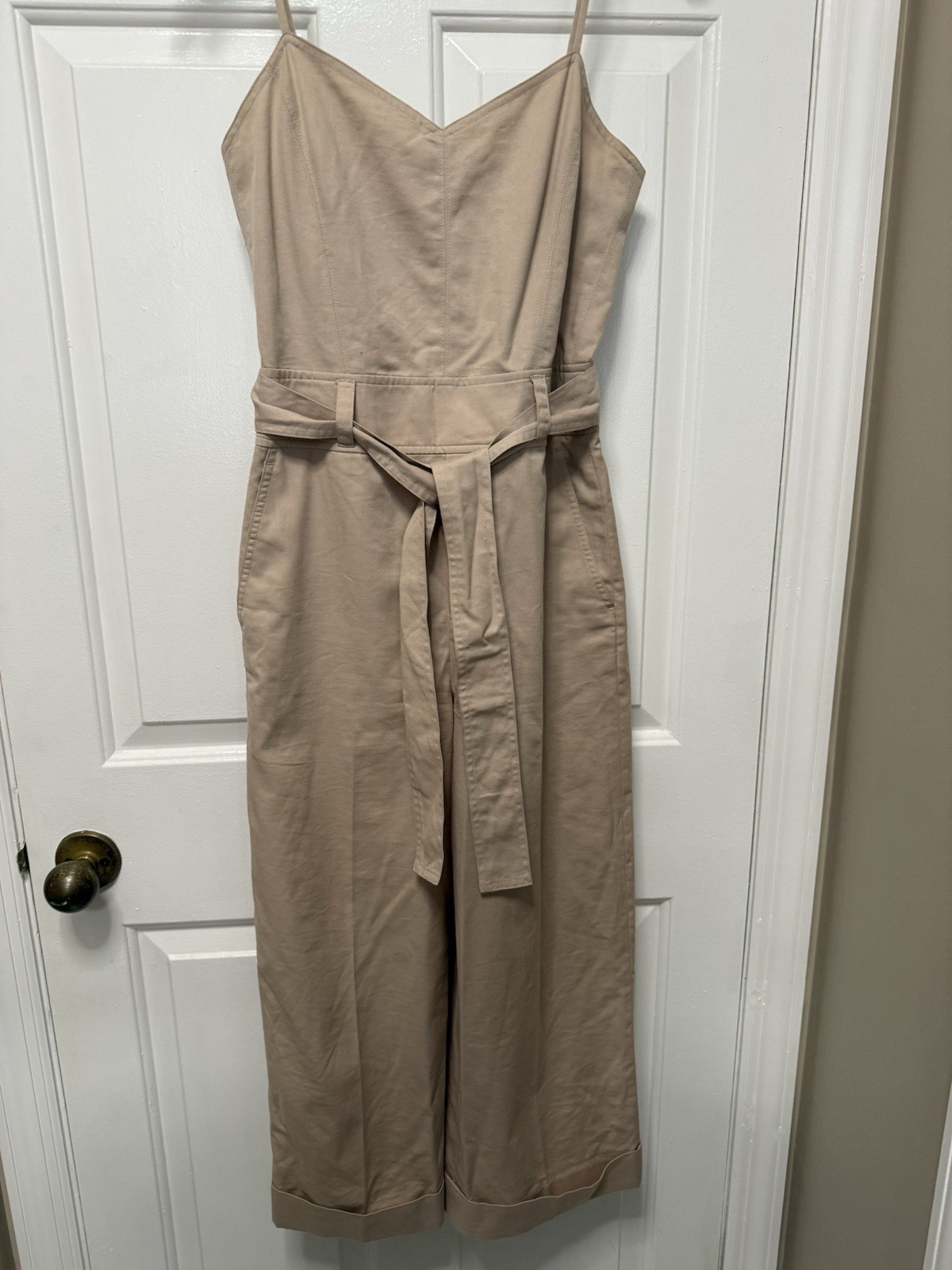 Club Monaco Beige Belted V Neck Jumpsuit Sz 00 Wide Leg Cotton &Wool Preppy Chic