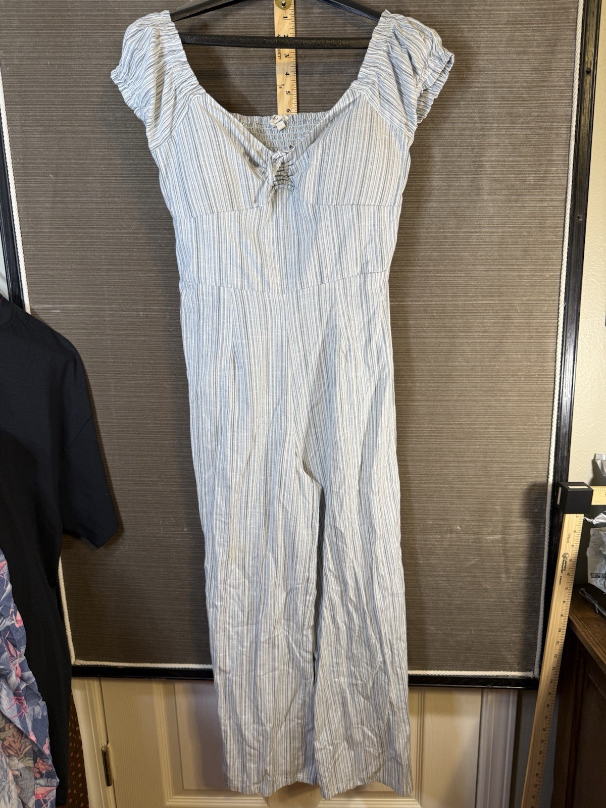 Derek Heart Striped Cropped Jumpsuit Size M Wide Leg Blue White Cotton Polyester