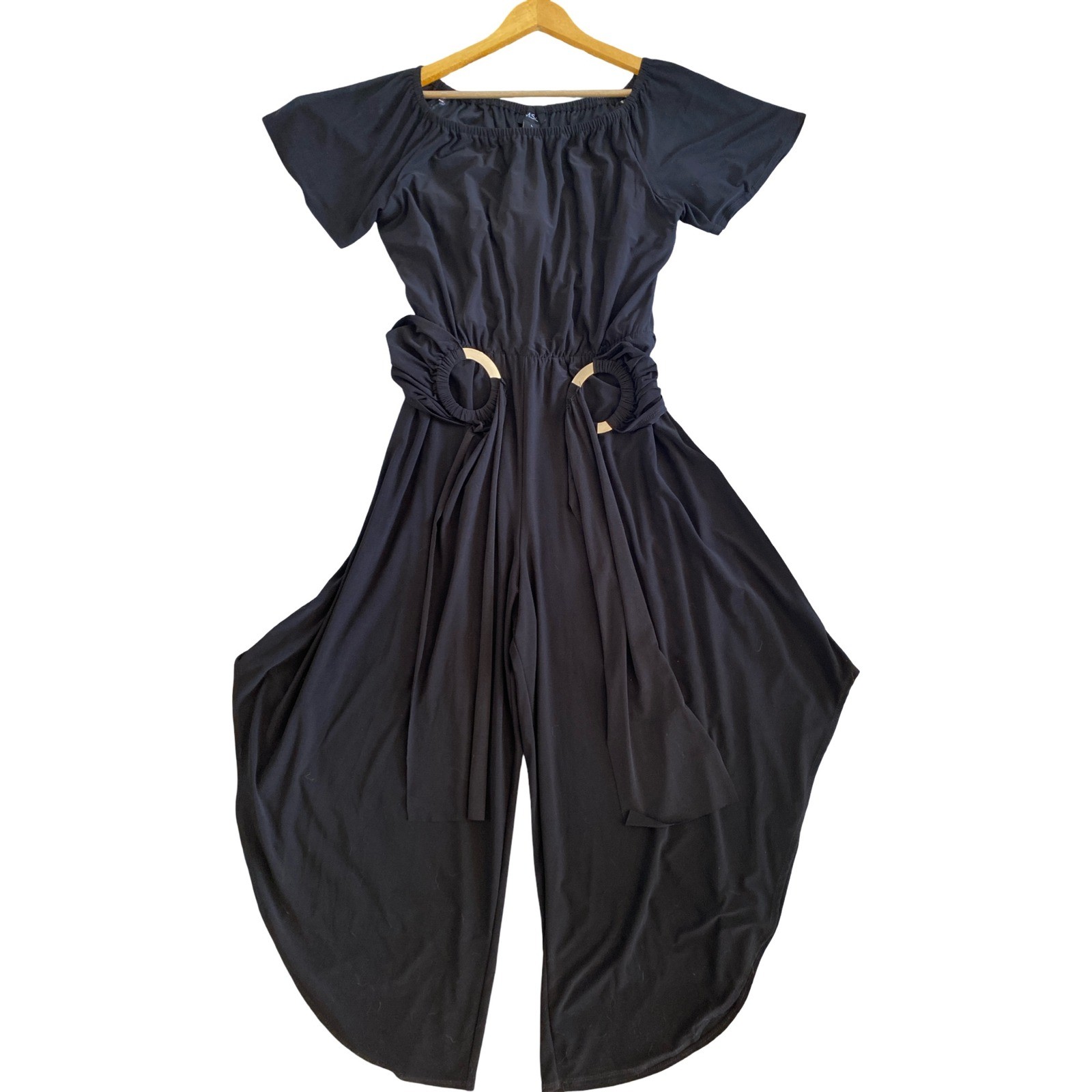 MSK Black Harem Jumpsuit Gold Ring Waist Draped Leg Large Chic Minimalist Dressy