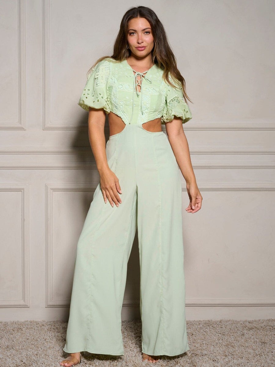 Chicways Cut- Out Eyelet Jumpsuit Pale GREEN Lined SZ LARGE