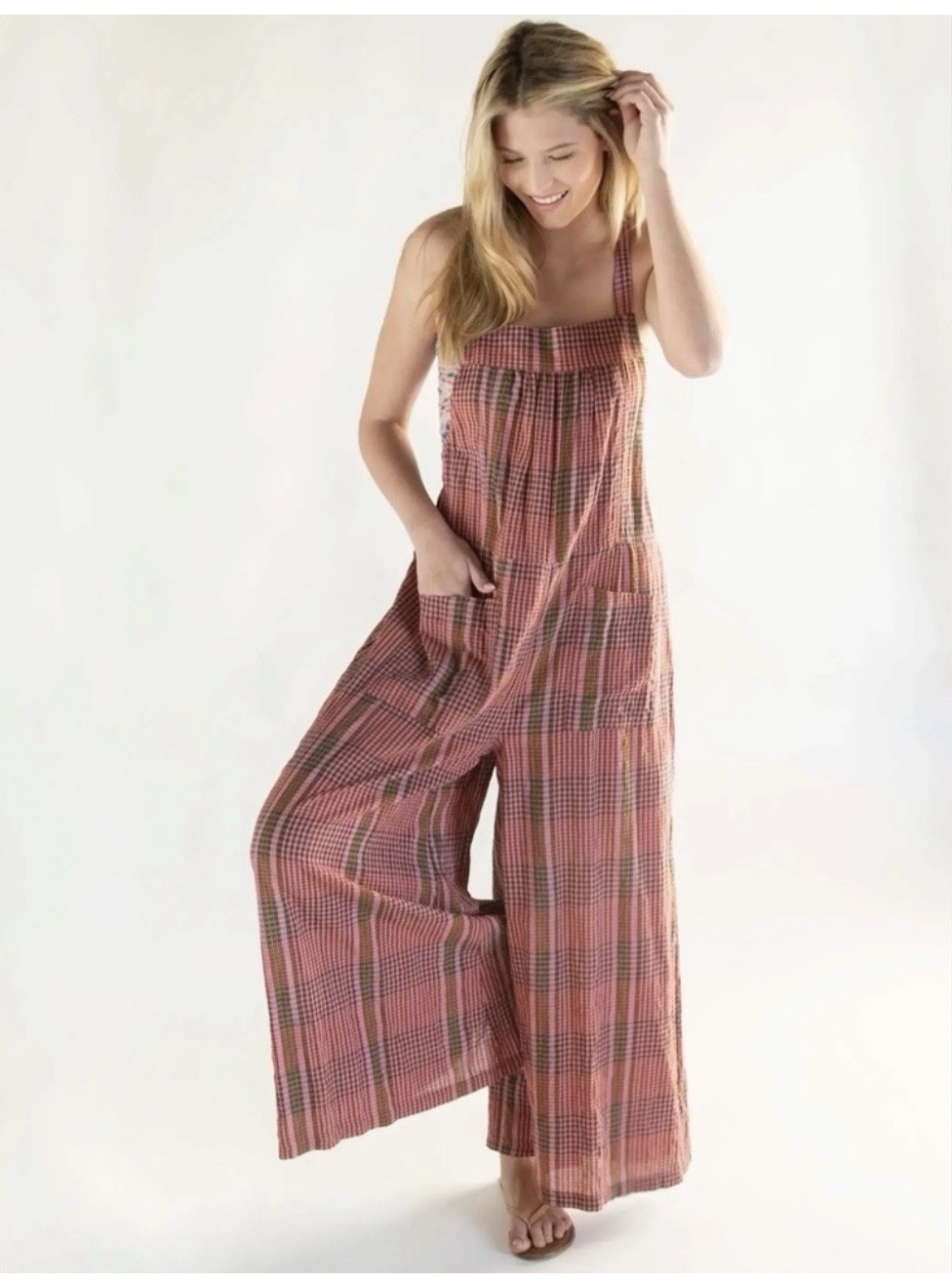Natural Life XXL Pink Plaid Wide-Leg Jumpsuit Tie Back Pockets Cotton Rayon