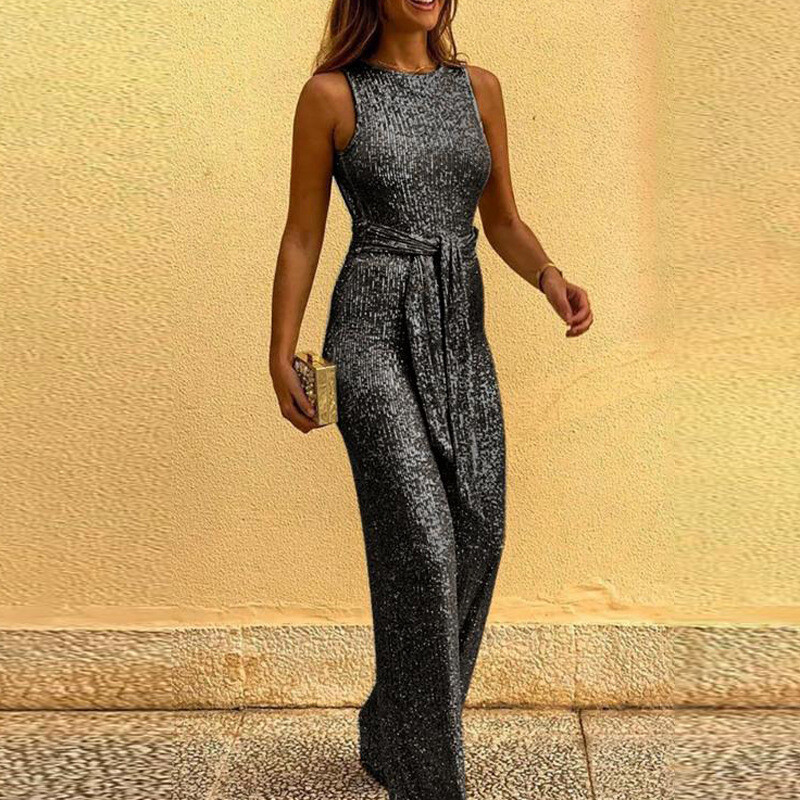Women Sexy Backless Sequins Glitter Wide-leg Pants Formal Evening Party Jumpsuit