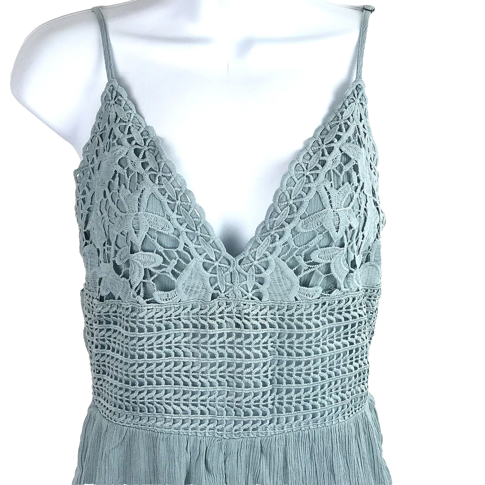 Ocean Drive Romper M Boho Green Spaghetti Strap Back Tie Crochet Lace Coquette