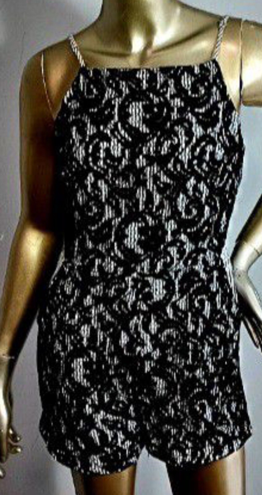 DressForum Black Lace With Navy White Strip Liner Details Romper W/ Pockets SZ M