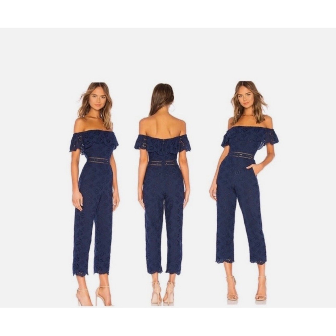 Lovers + Friends Naya Jumpsuit Navy Blue Eyelet Off Shoulder Ruffle Small LFA171