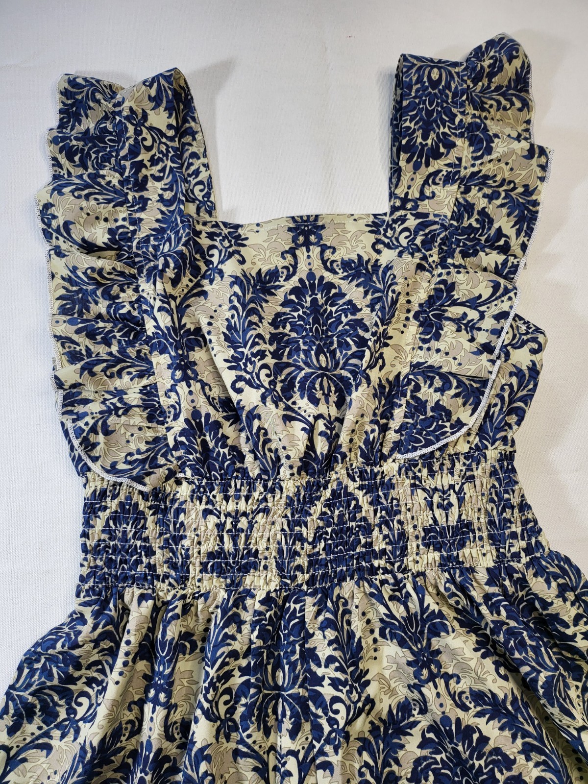 SHEIN Blue & White Damask Ruffle Strap Smocked Romper – Size M (US 6)