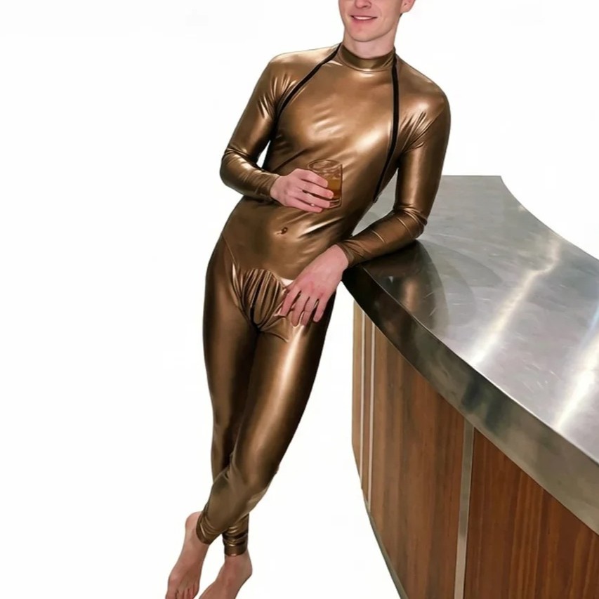 Men Zipper U Black Shiny PU PVC Full‑body Bodysuit Jumpsuit Punk Tights Leotard