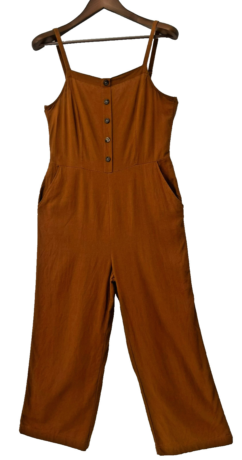 Linen Romper Jumpsuit Cropped Wide Leg Pockets Adjustable Straps Terracotta M