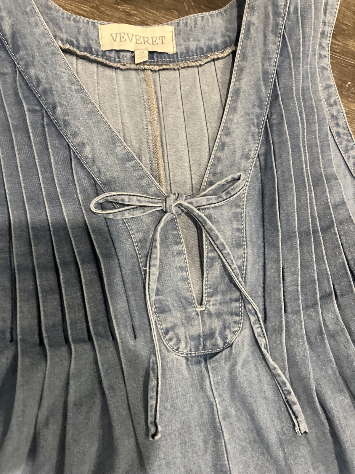 Veveret Light Wash Denim Pleated Babydoll Romper Sleeveless Blue Medium