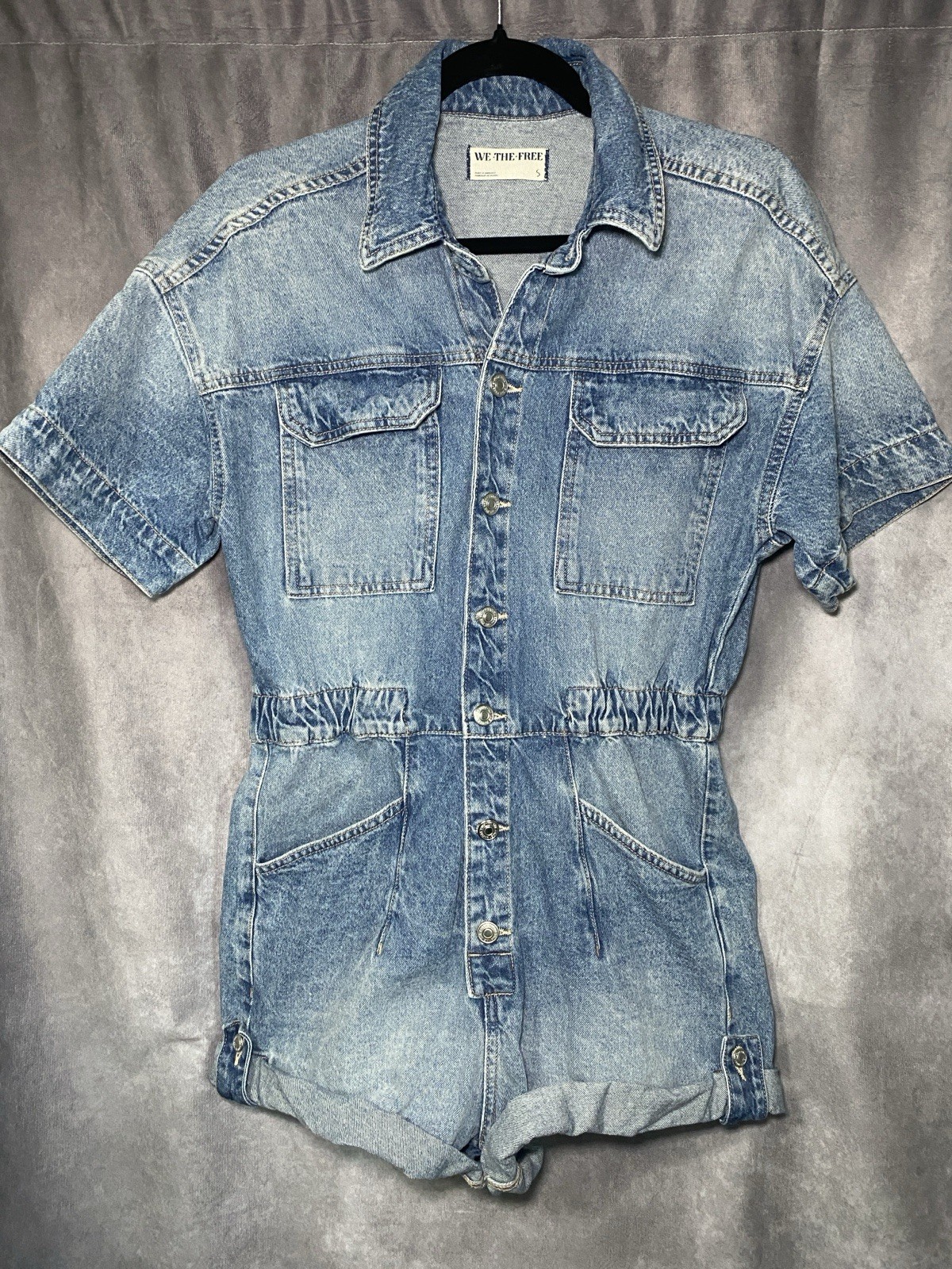Free People Marci Denim Romper S Blue Cuffed Boho Festival Coastal Cowgirl Y2K