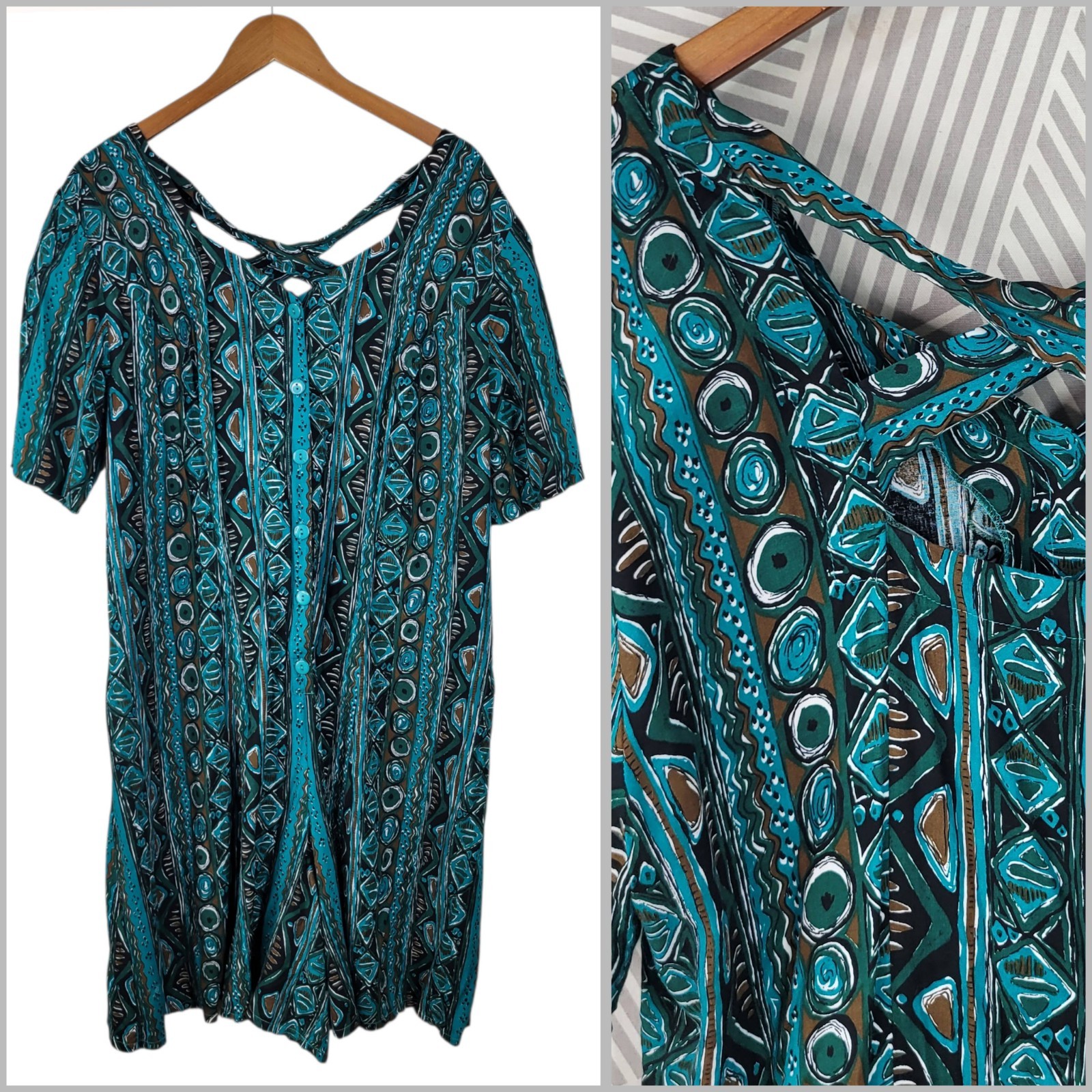 Vintage 90s Romper Plus Size 26 28 4X Jumpsuit Shorts Teal dress Green Tribal