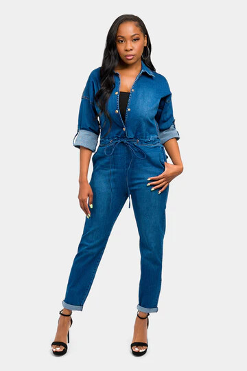 American Bazi Women’s Casual Loose Chain Cut Out Back Denim Jumpsuit AJR20188
