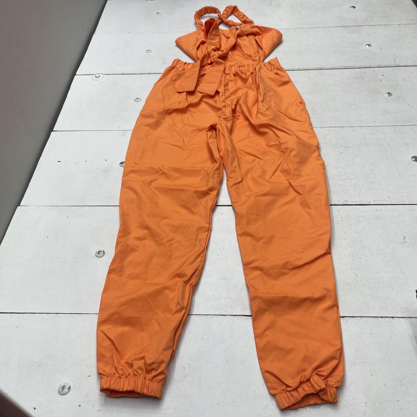 Strappy Jumpsuit Womens Large Orange Tie Back Pockets Elastic Cuffs Jogger Hem