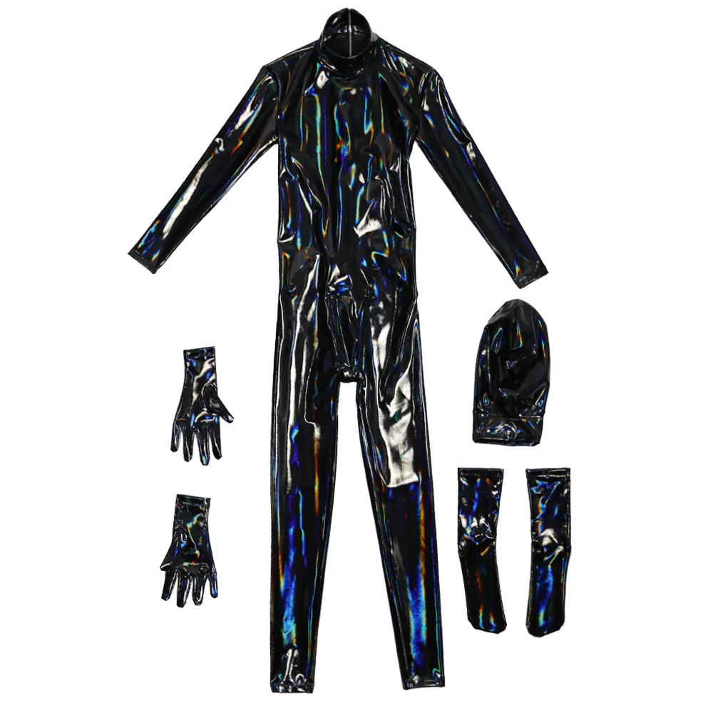 Men Faux Latex PU Bodysuit Cosplay Tights Zentai Full Body Bodysuit Club Leotard