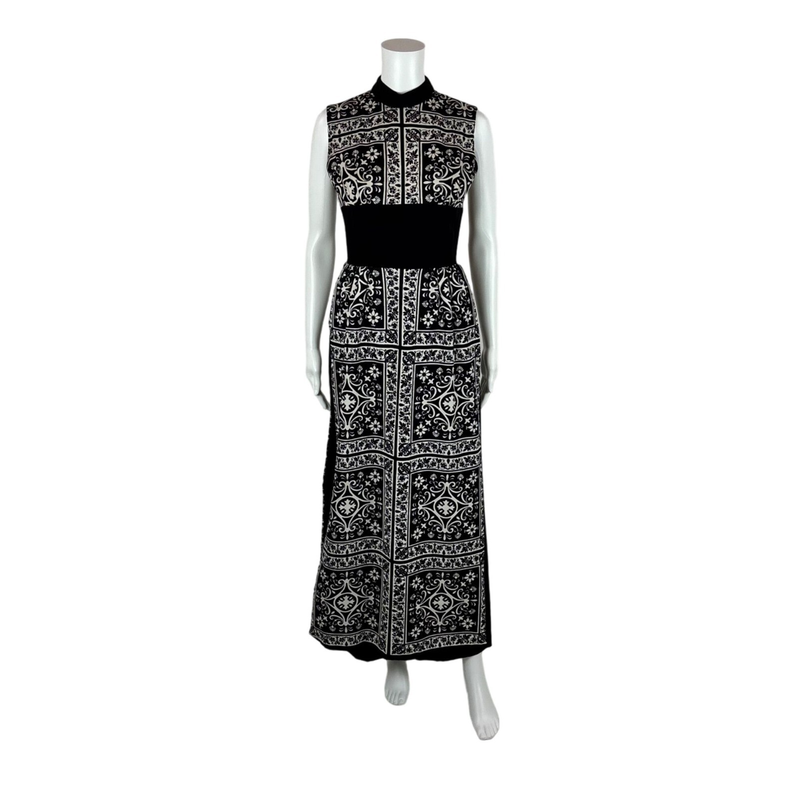 Vintage 60s Floral Jumpsuit Women’s XS Filigree Black White Mock Neck One Piece