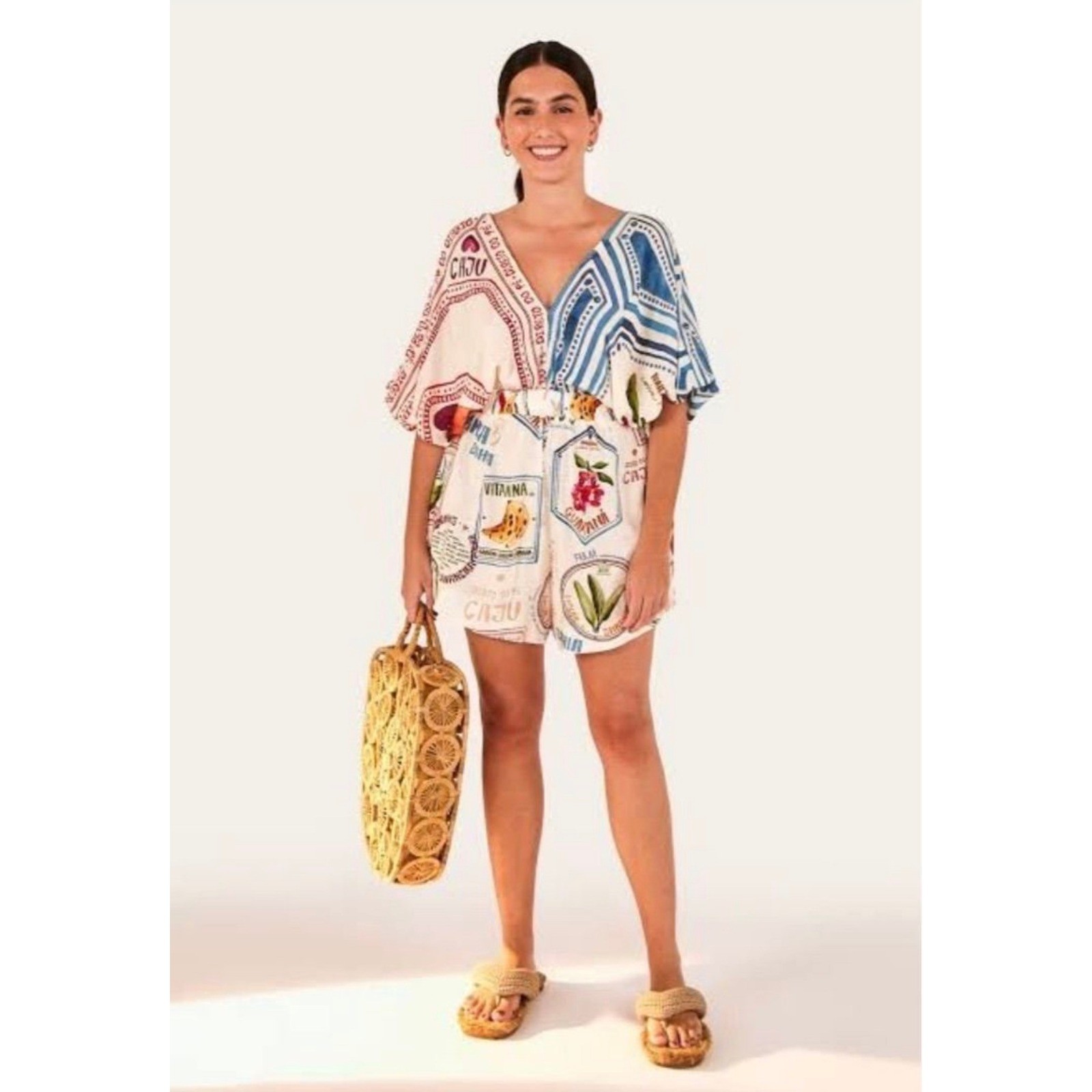 Farm Rio Women M Fruit Stamps Tropical Graphic Puff Sleeve Romper Cream Blue Red