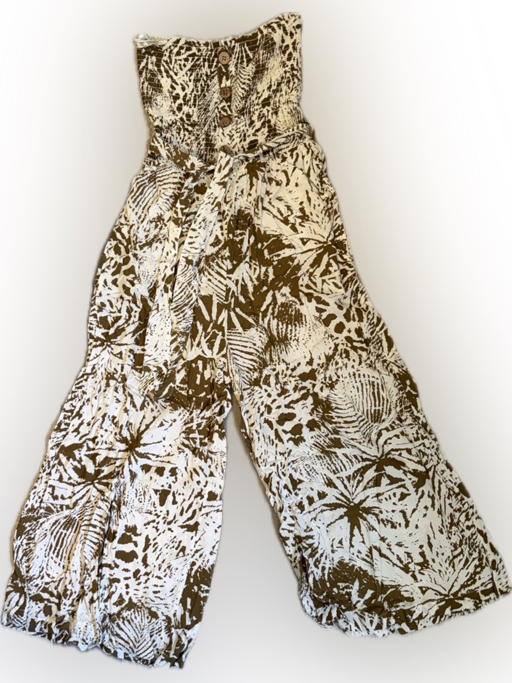 Blue island Strapless Smocked Wide-Leg Tropical Print Jumpsuit in Brown & White