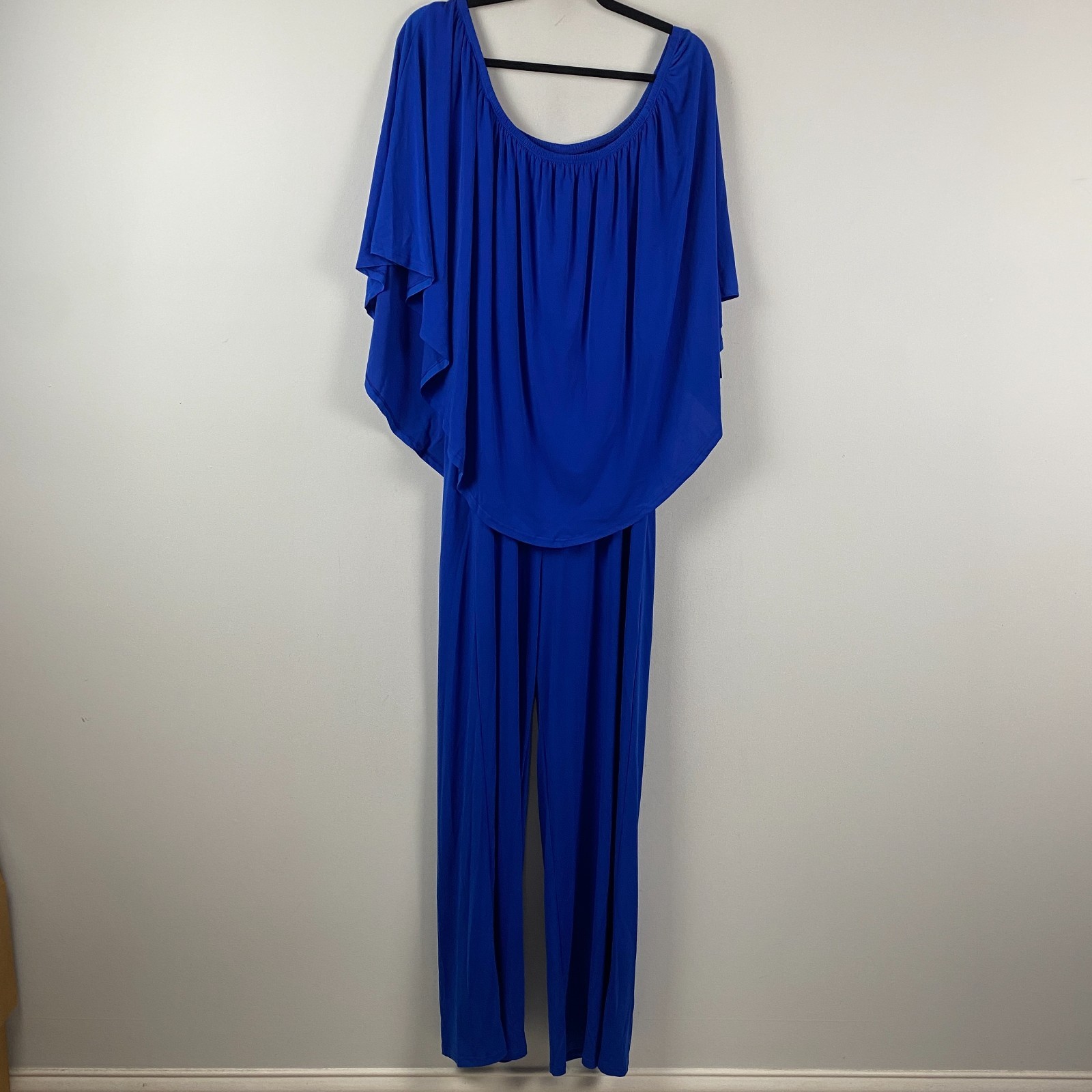 Boston Proper Jumpsuit L Womens Royal Blue Wide Leg Off Shoulder Stretch