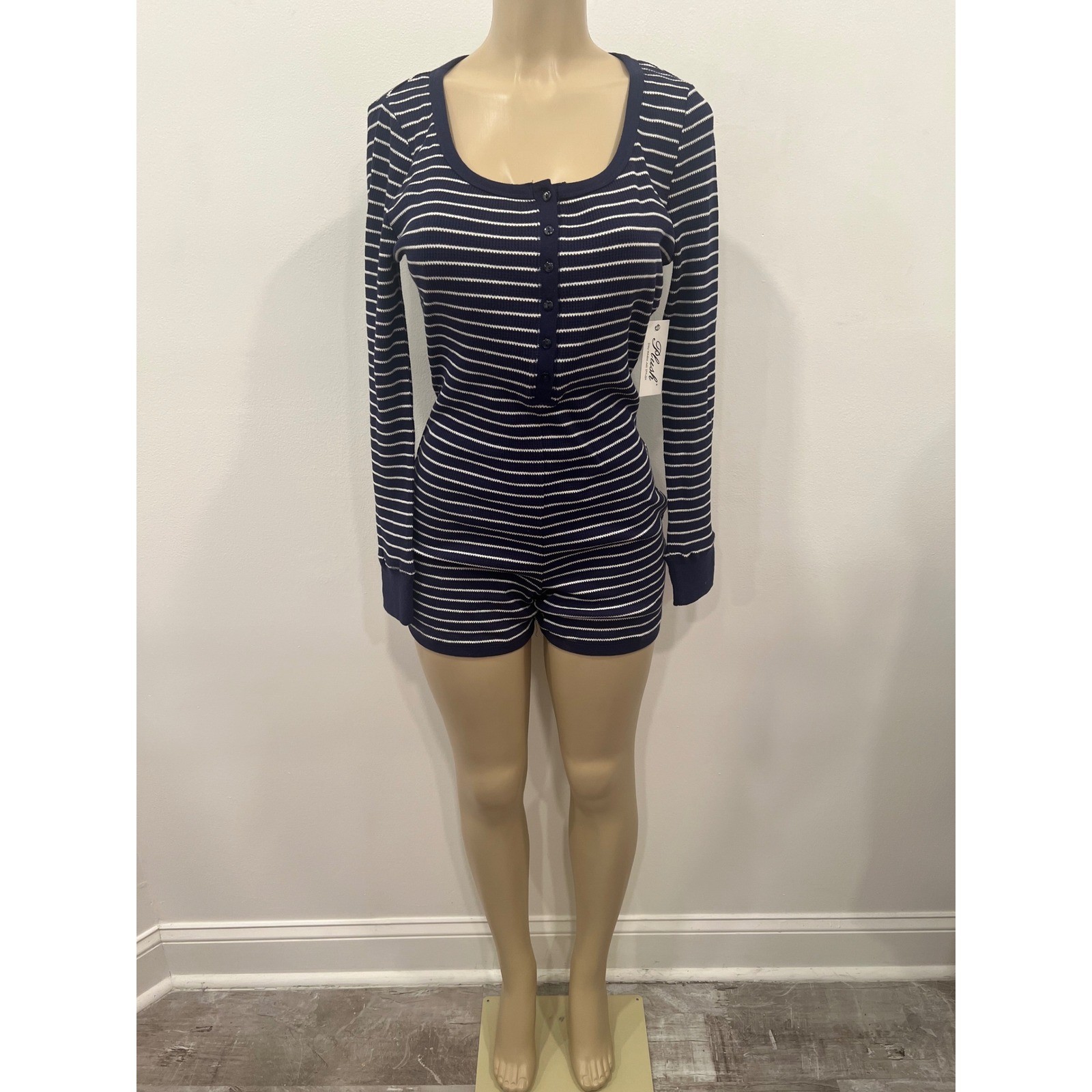 Plush Sleep Romper Womens Small Navy Blue Striped New Thermal Henley Pajamas