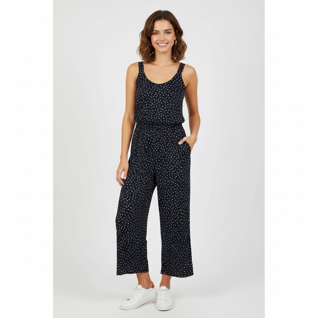 Loft Jumpsuit Size 4 Navy Polka Dot Wide Leg Crop Sleeveless Smocked Pockets