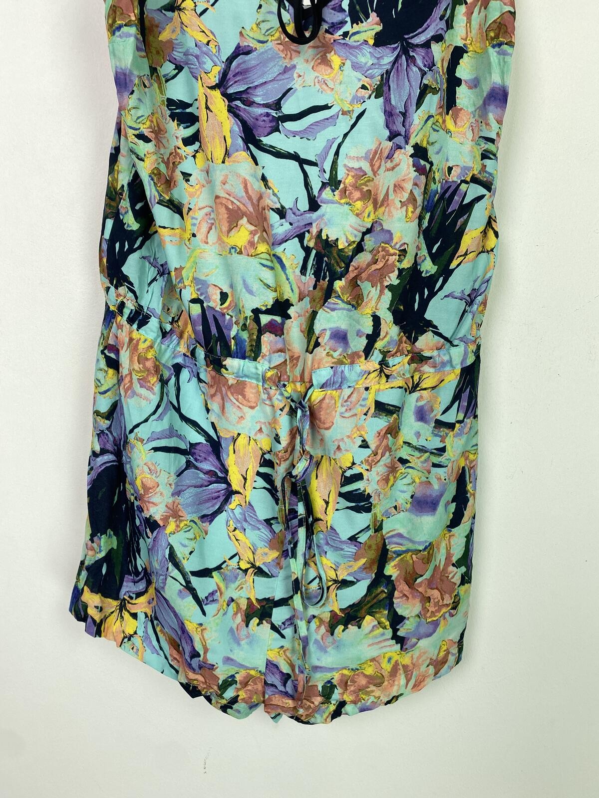 Suboo Green Blue Multi Floral Playsuit Strappy Tie Back Sleeveless UK 8 New