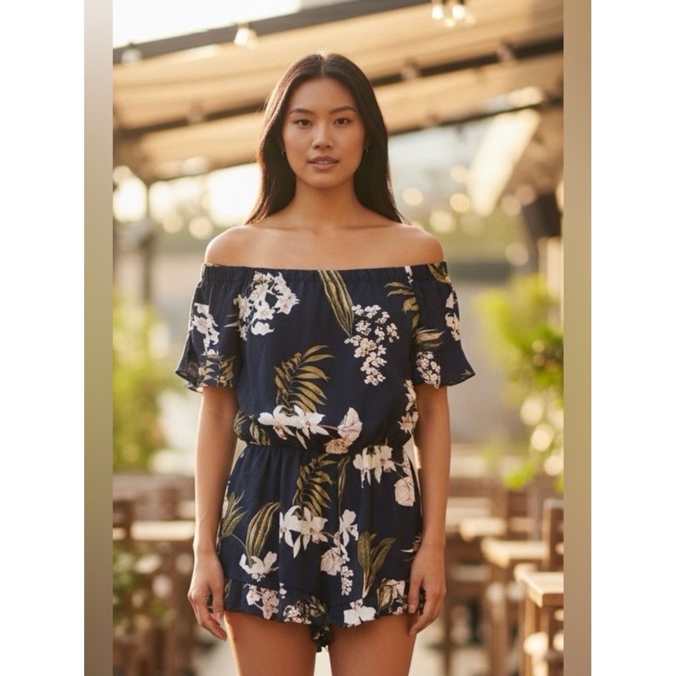 Timing Navy Off-Shoulder Floral Romper