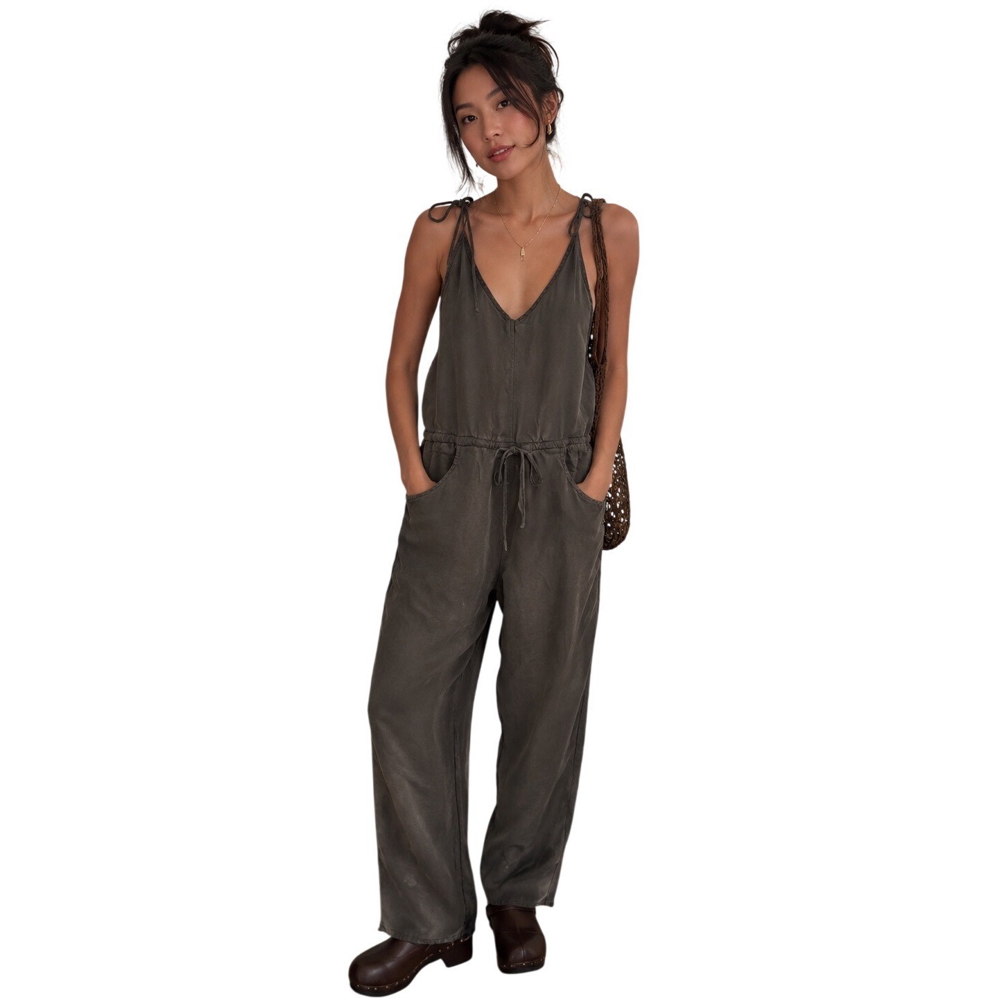 Honey Punch Olive Brown Tie Shoulder Drawstring Waist Wide Leg Jumpsuit Small