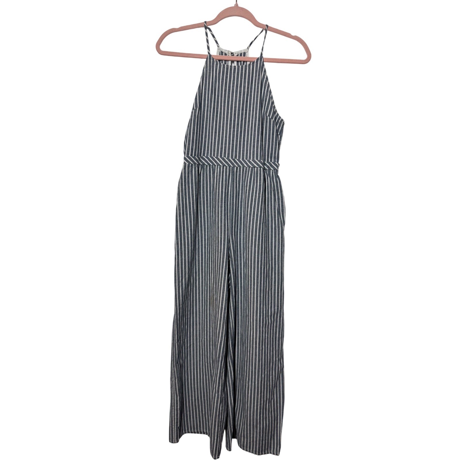 Gianni Bini Striped Halter Wide Leg Jumpsuit S Blue White Sleeveless Tie Waist