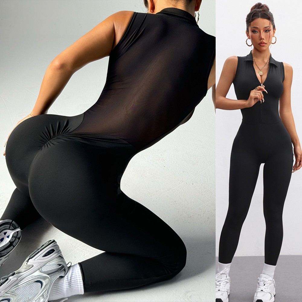Women’s Sleeveless Mesh Back Workout Jumpsuit Zipper Front Compression Bodysuit
