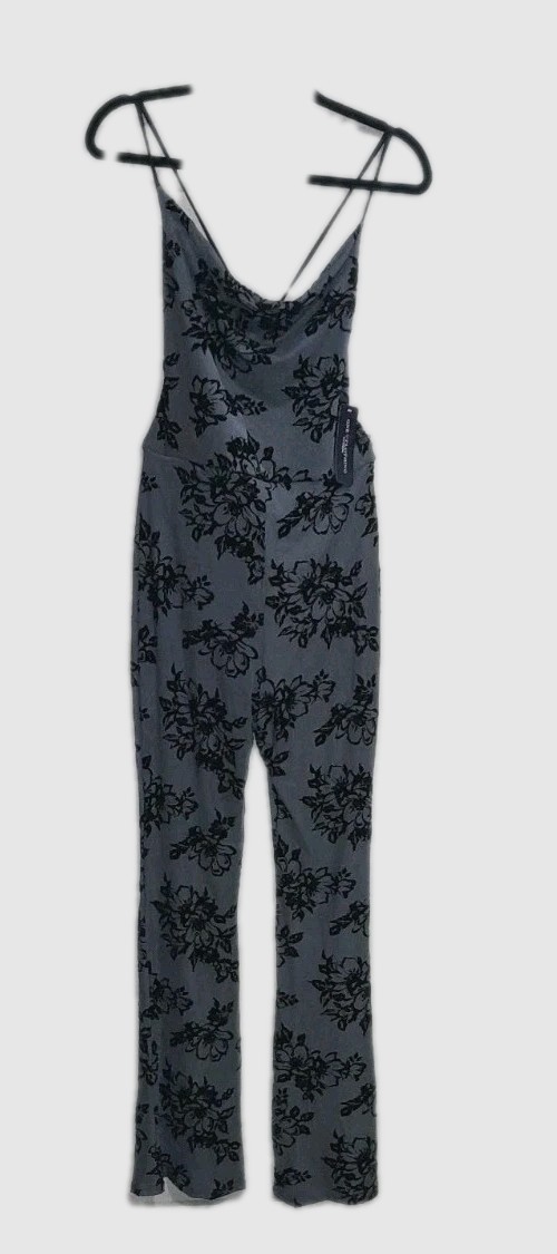 One Clothing Floral Gray Black Sleeveless Jumpsuit L Polyester V-Neck Flared Leg
