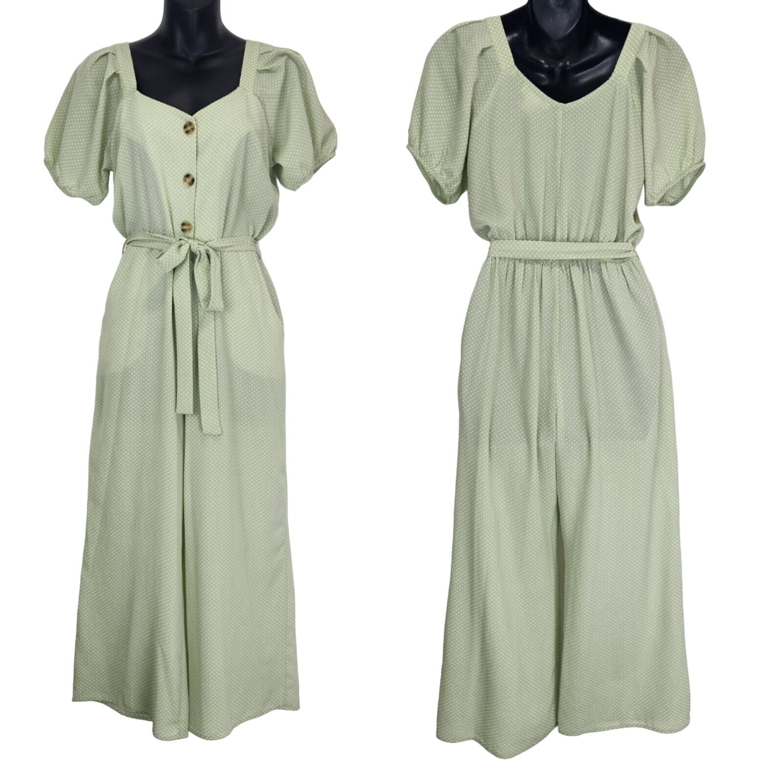 Monteau Cropped Wide Leg Jumpsuit Womens S Green Puff Sleeve White Polka Dot