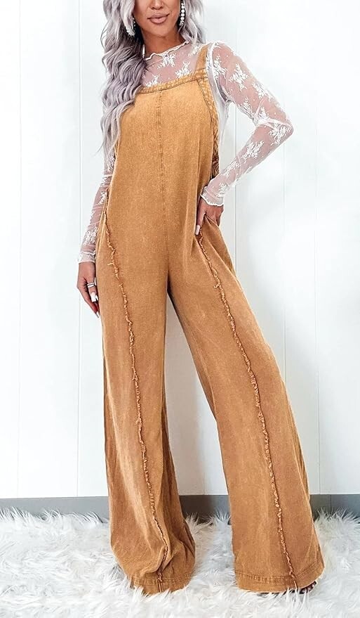 Women Loose Fit Denim Jumpsuit Adjustable Straps Wide Leg Long Pants Frayed Jean